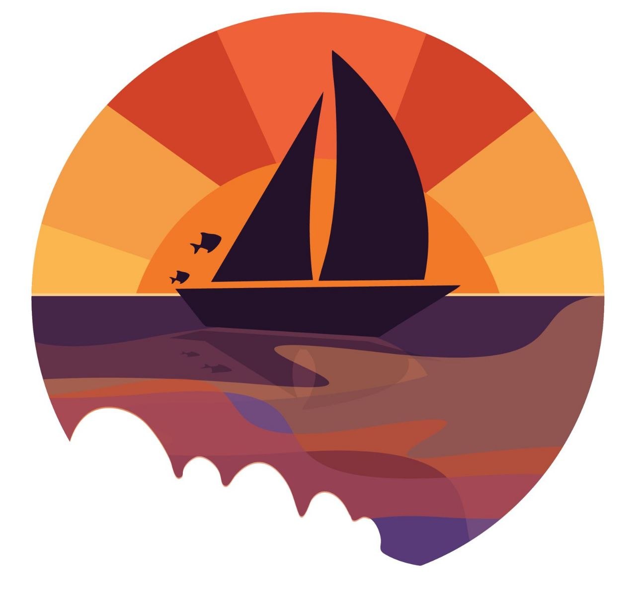 Ilustração circular de um veleiro no mar