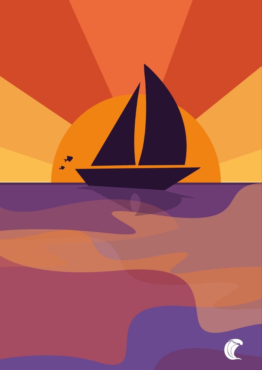 Ilustração de um veleiro navegando entre o mar e o horizonte